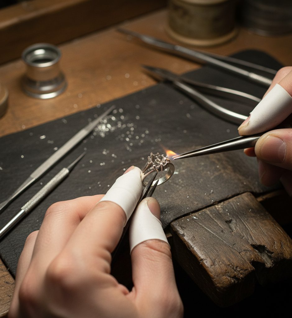 A jeweller working a piece at the bench with hand tools