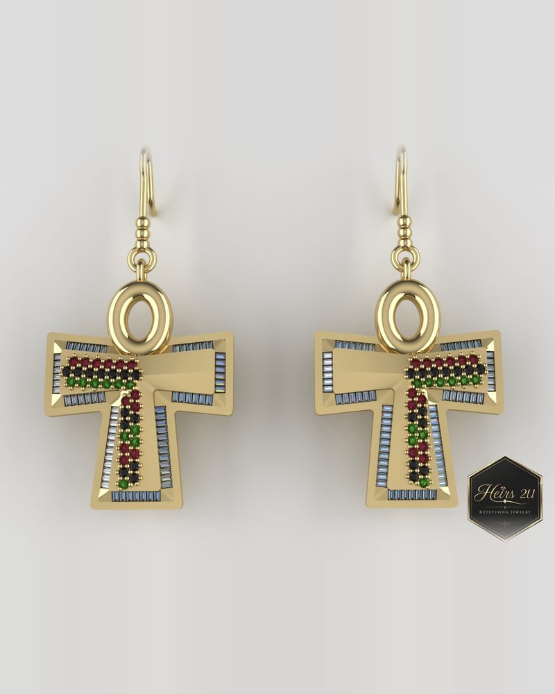 Gold ankh drop earrings with rows of red, black and green stones across the bar