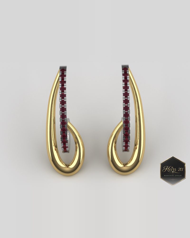 Elongated open-drop gold earrings set with a channel of rubies