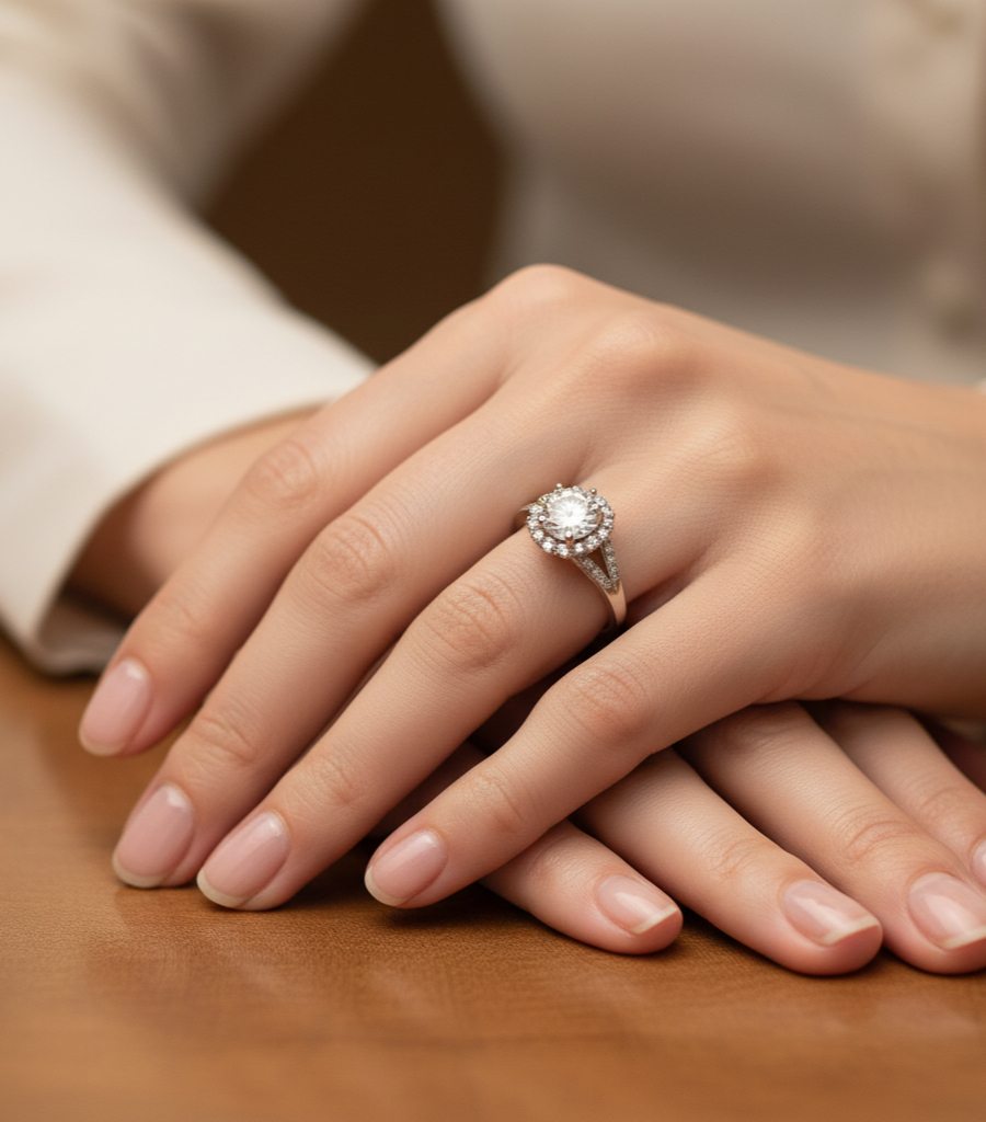A slim gold ring worn on the hand