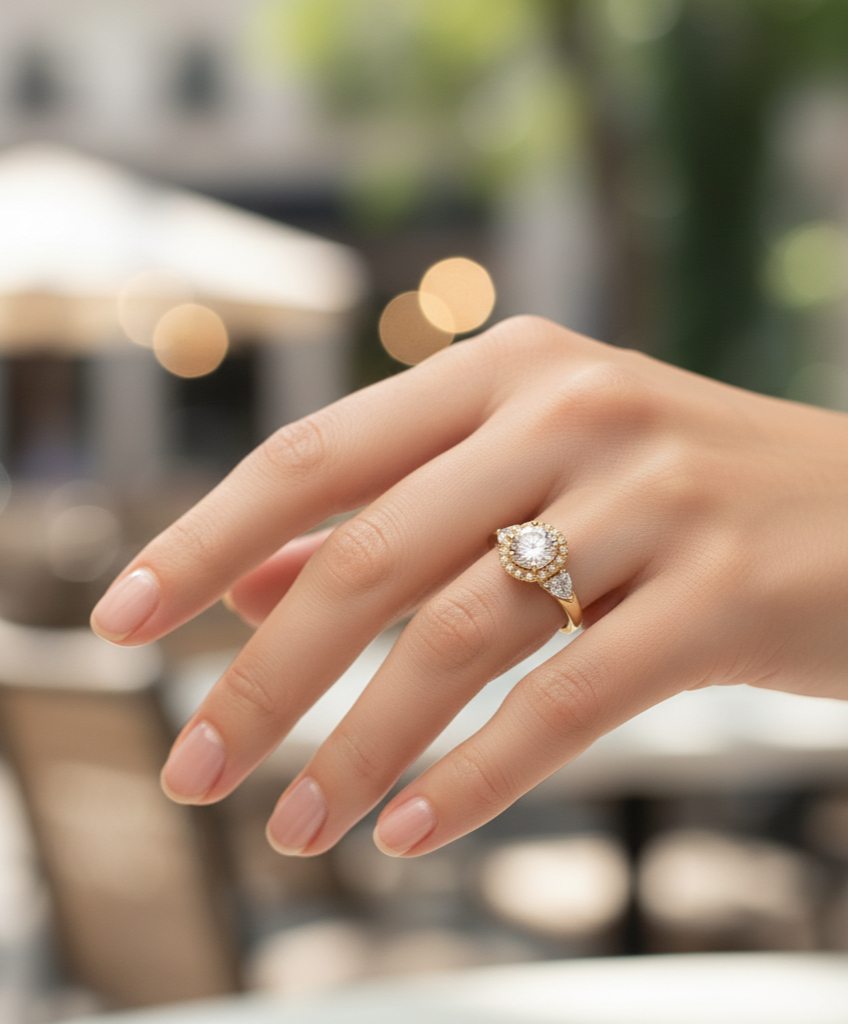 A gold ring worn on the hand, photographed in daylight