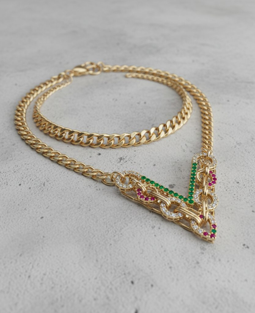 Gold curb-chain necklace with a V-shaped pendant pavé set in green, pink and white stones