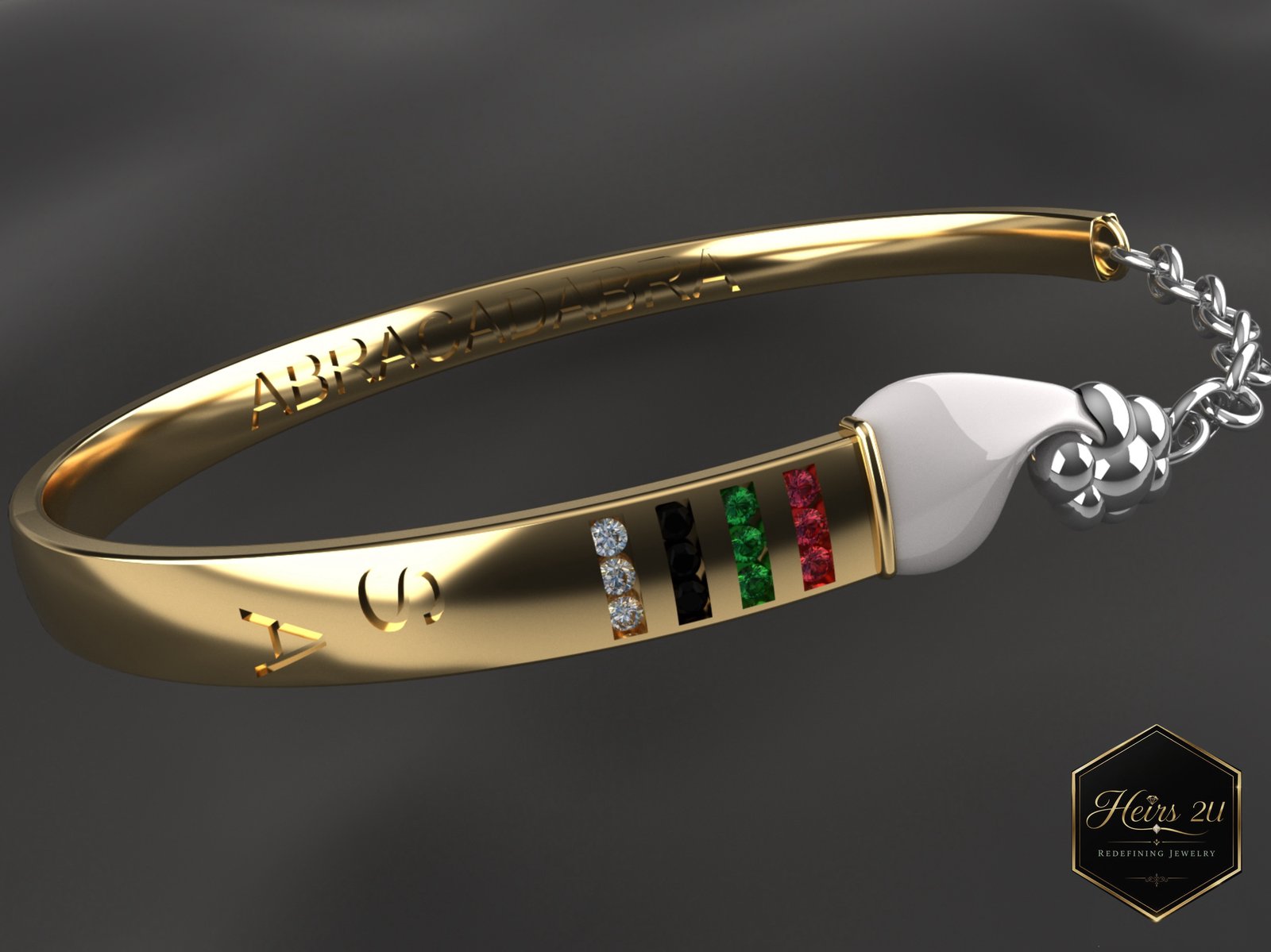 The Curved Paintbrush Bracelet — a gold cuff whose face is inlaid with bands of colour like loaded brush strokes