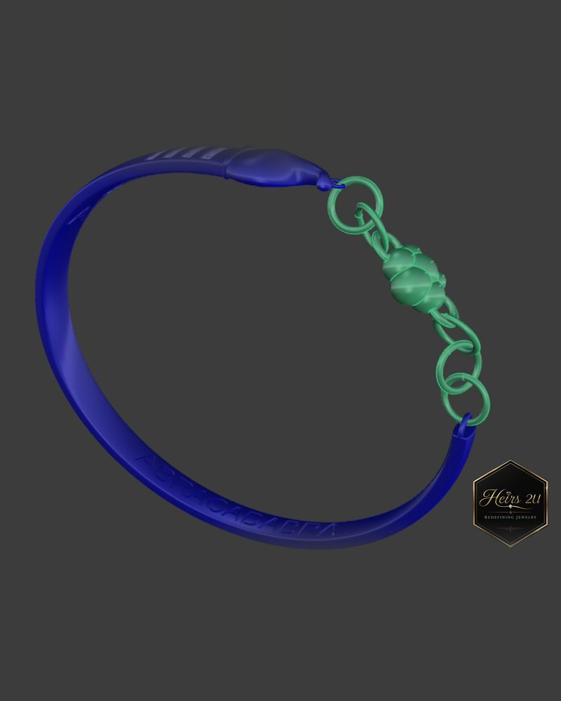 A 3D CAD model of the Curved Paintbrush Bracelet in blue and green, before it is cast