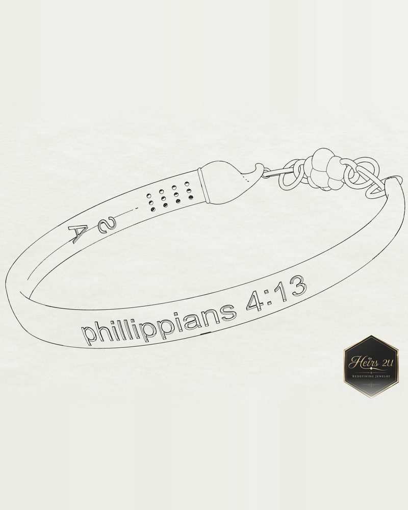 A pencil-style drafting render of the Curved Paintbrush Bracelet with Philippians 4:13 engraved along the band