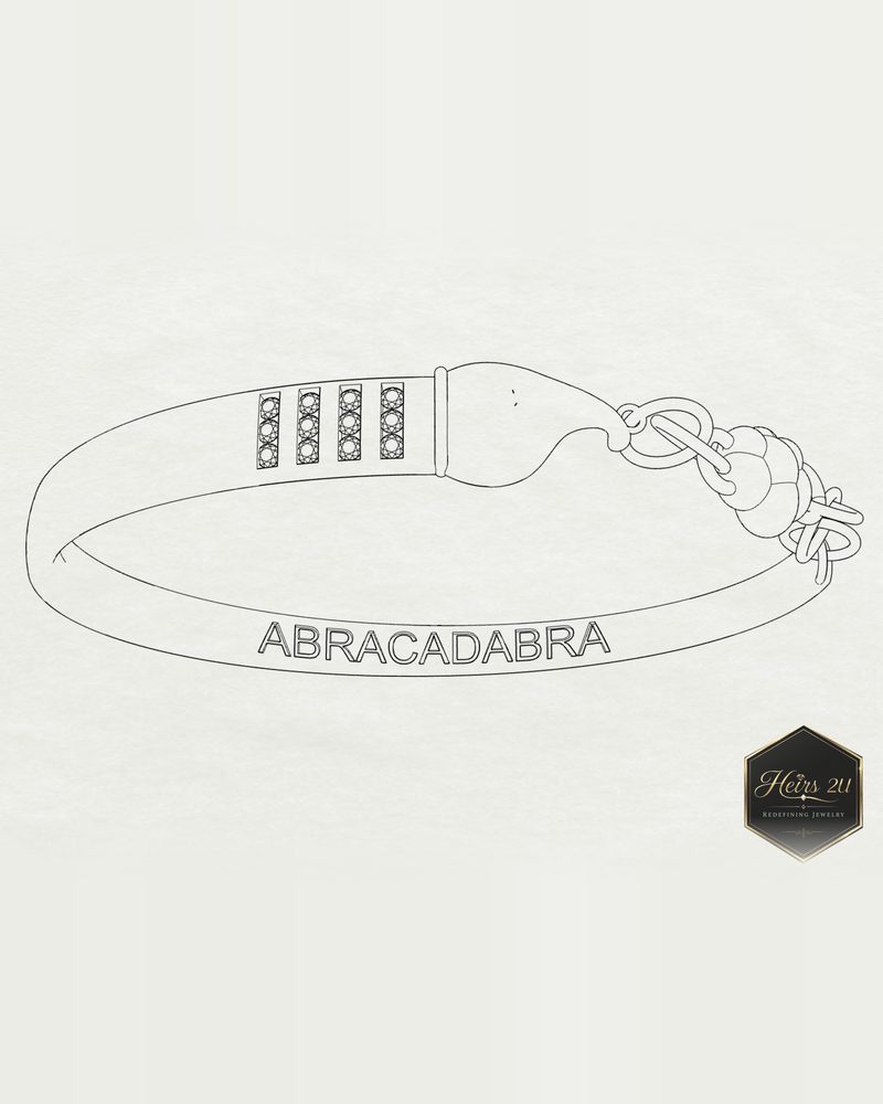 A pencil-style drafting render of the Curved Paintbrush Bracelet with ABRACADABRA engraved along the band