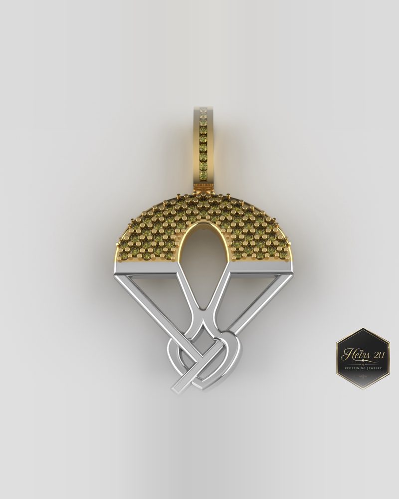 Never Broken Heart pendant — a yellow pavé dome above white gold interlaced loops on a yellow bail