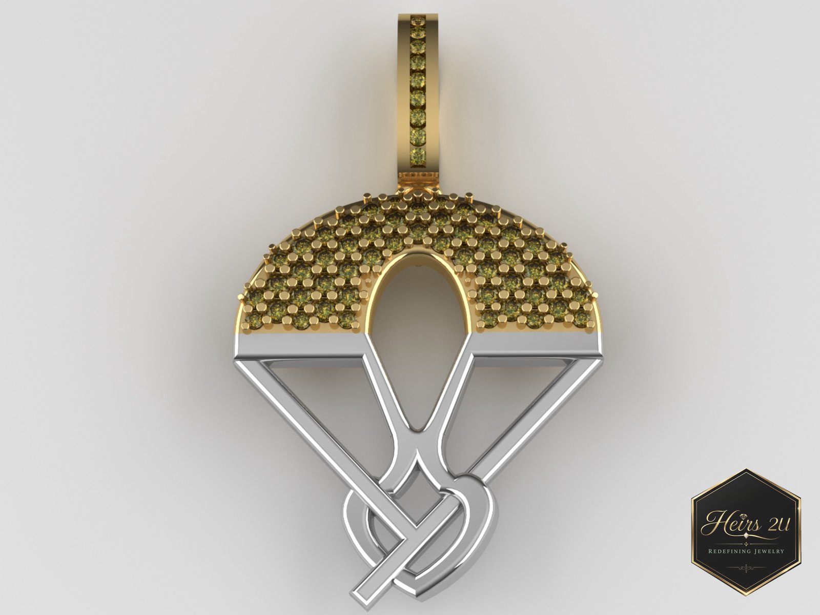 The Never Broken Heart pendant — a yellow pavé dome above white gold interlaced loops