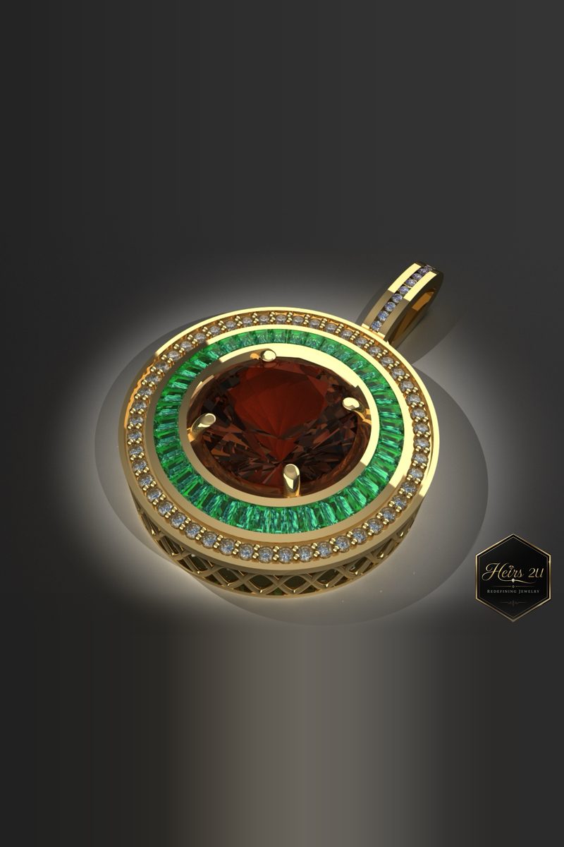 Gold pendant with a round orange topaz centre ringed by green baguette stones and a pavé border
