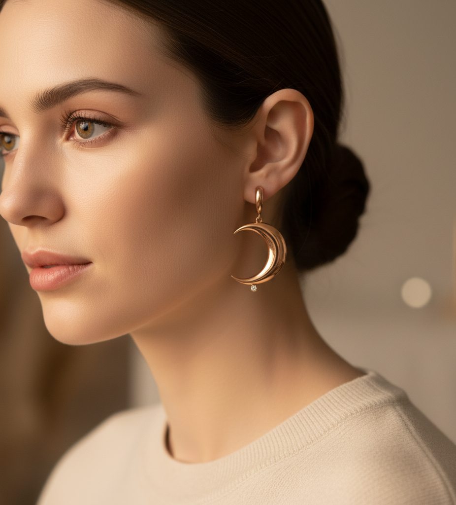 A crescent rose gold earring worn, set with a single diamond drop