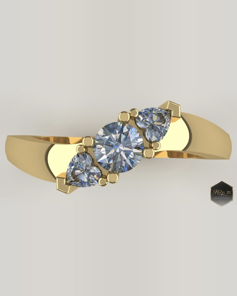 Yellow gold ring with a flowing line of three diamonds set across the top