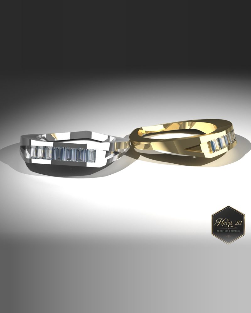 A pair of bands, one white metal and one yellow gold, each set with baguette stones